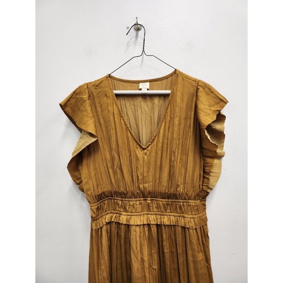 Roan + Ryan Womens Talulah BOHO Midi Dress Small Mustard Yellow Ruffled V-Neck - Picture 3 of 12